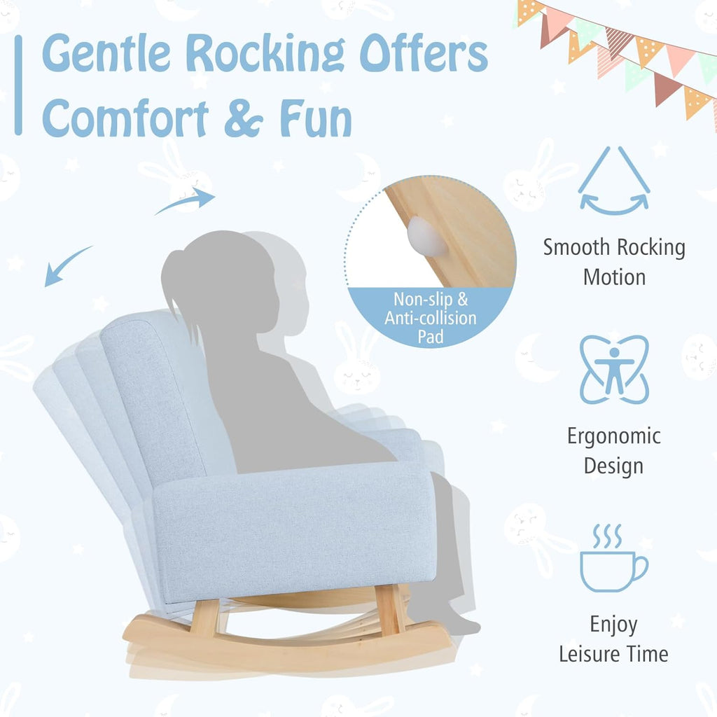 Honey Joy Toddler Rocking Chair, Kids Rocker with Solid Wood Legs & Linen Fabric, Anti-Tipping Design, Toddler Couch for Kids Room, Playroom, Nursery, Bedroom (Blue)