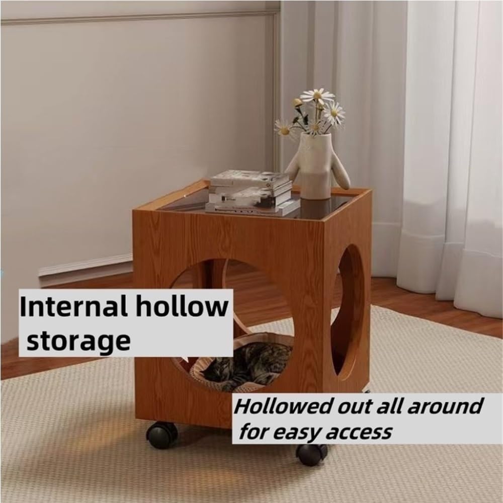 Vintage Rolling Side Table with Glass Top Wood Square Coffee Table on Wheels Mobile End Table for Living Room Sofa Corner Home Furnishing(Black)