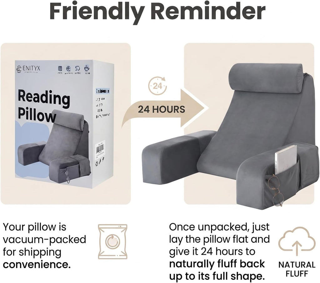 ENITYA Back Pillow for Bed Sitting Up,Reading Pillow with Armrests & Big Pockets for Adults,Upright Pillow for Resting,Watching TV,Nursing,Recovery,Gaming,Grey