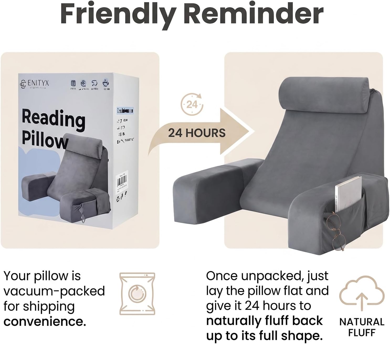 ENITYA Back Pillow for Bed Sitting Up,Reading Pillow with Armrests & Big Pockets for Adults,Upright Pillow for Resting,Watching TV,Nursing,Recovery,Gaming,Grey