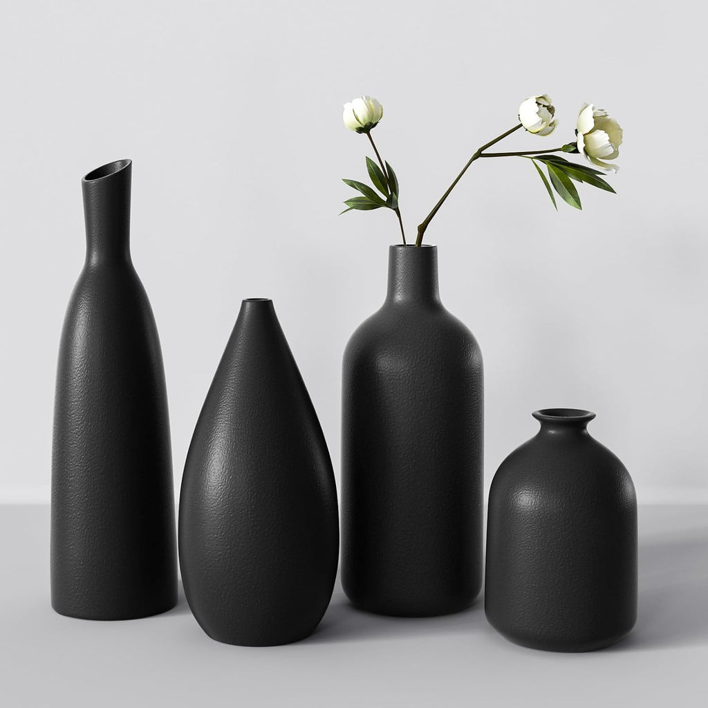Black Ceramic Vase Set of 4,Modern Minimalist Vase Decor for Bookshelf,Dining Room Coffee Console Table Centerpieces