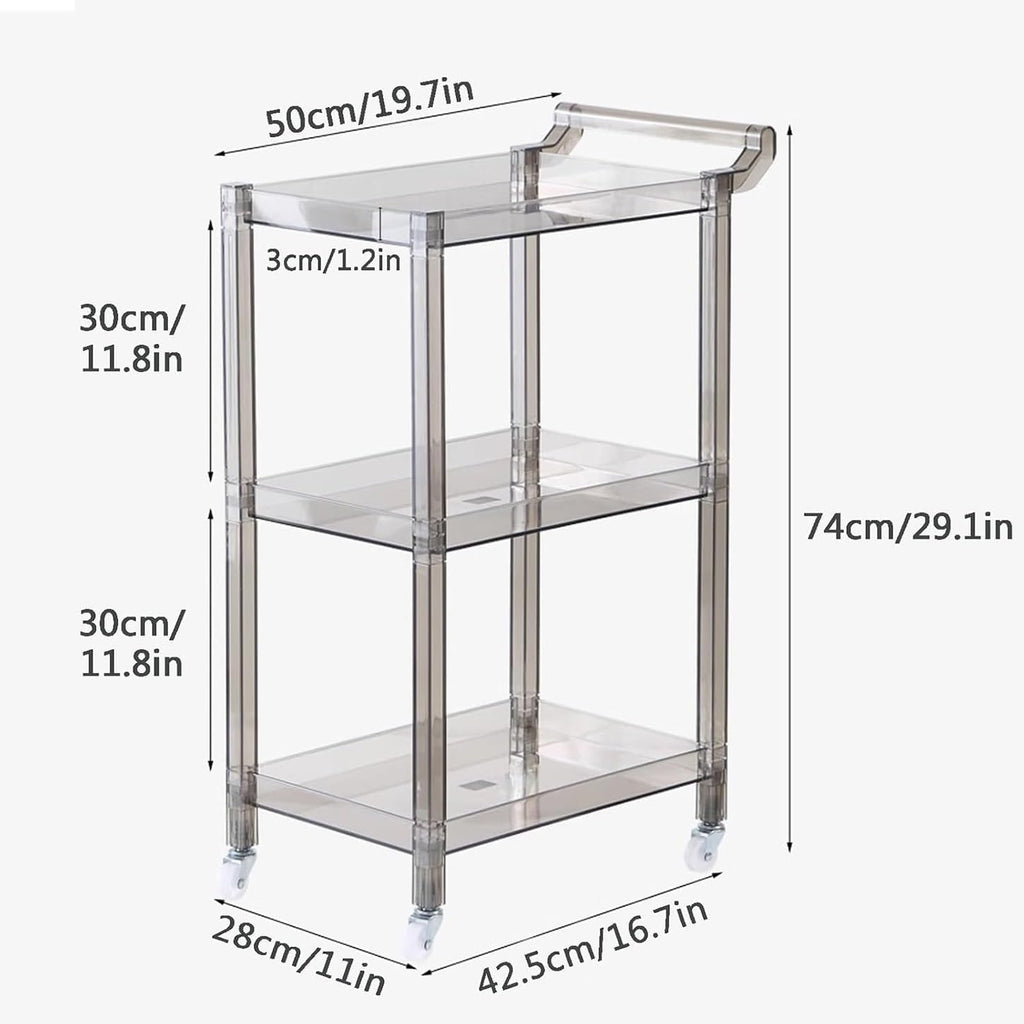 Acrylic Side Table, 3-Tier Acrylic Bar Cart with Wheels and Handle, Clear Multifunction Small Spaces Rolling Serving for Kitchen Living Room Dining Laundry(Blue)