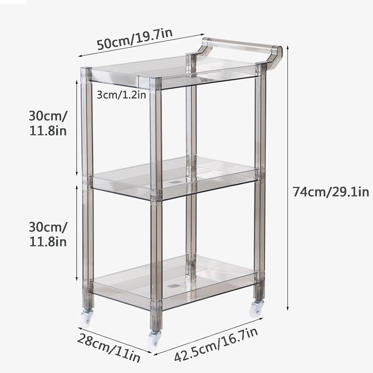 Acrylic Side Table, 3-Tier Acrylic Bar Cart with Wheels and Handle, Clear Multifunction Small Spaces Rolling Serving for Kitchen Living Room Dining Laundry(Blue)