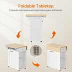 HOOBRO Kitchen Island with Trash Can Storage, Rolling Kitchen Island with Drop Leaf Countertop, Island Table with Power Outlet & Spice Rack, for 10 Gallon Garbage Bin, White and Natural WN33UZD01