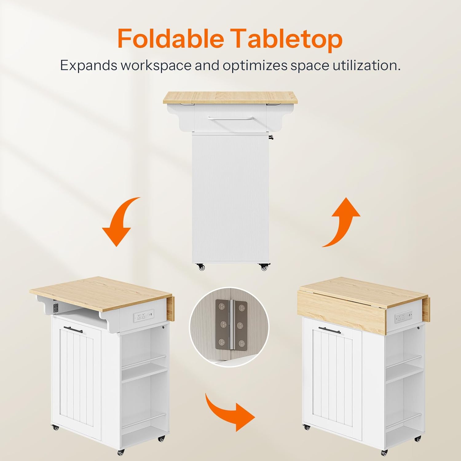 HOOBRO Kitchen Island with Trash Can Storage, Rolling Kitchen Island with Drop Leaf Countertop, Island Table with Power Outlet & Spice Rack, for 10 Gallon Garbage Bin, White and Natural WN33UZD01