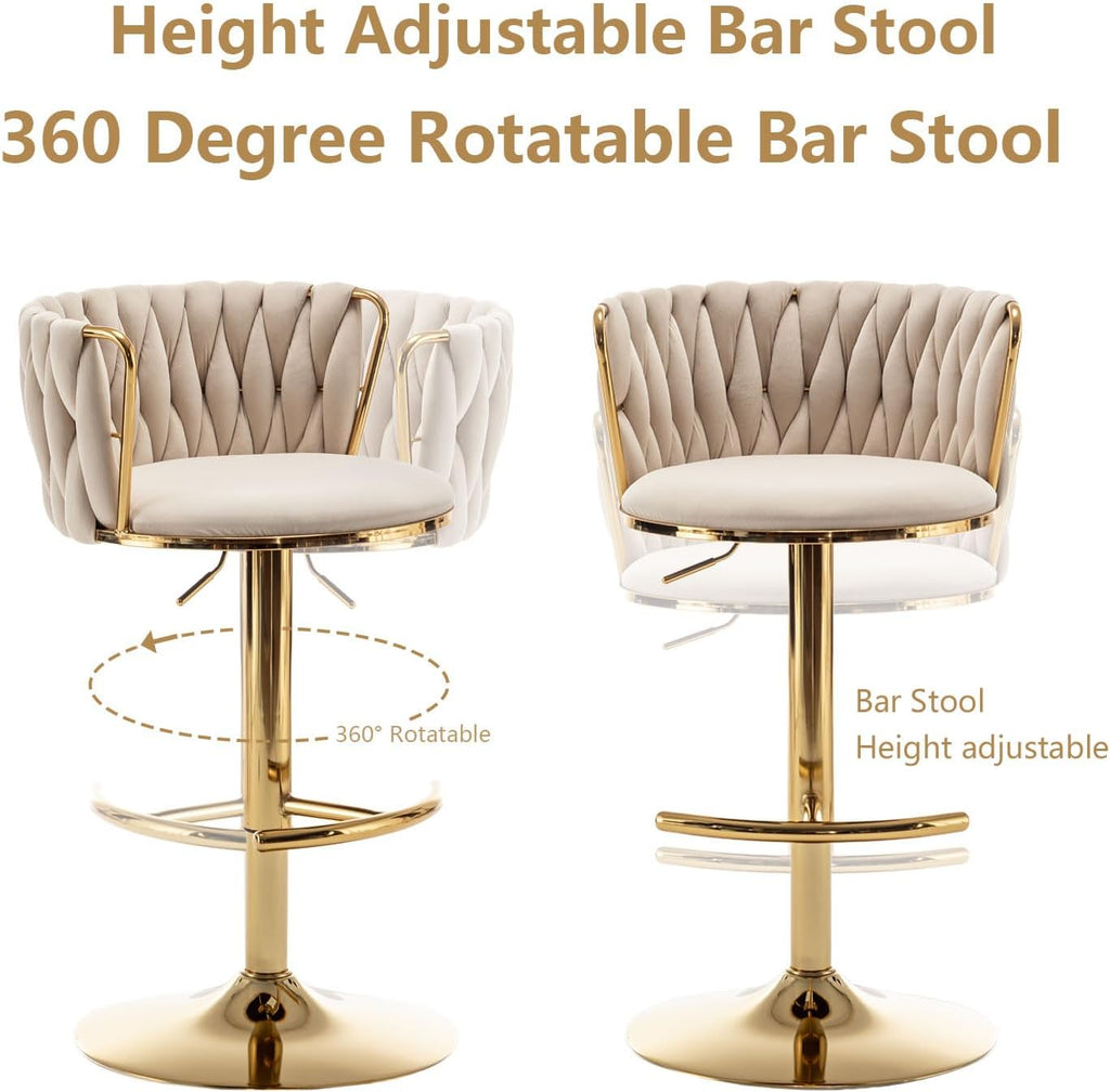 Riknuxi Velvet Bar Stools Set of 3, Counter Height Bar Chairs with Low Back, Gold Swivel Bar Stools for Kitchen Island, Pub (Beige)