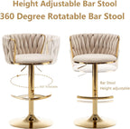 Riknuxi Velvet Bar Stools Set of 3, Counter Height Bar Chairs with Low Back, Gold Swivel Bar Stools for Kitchen Island, Pub (Beige)