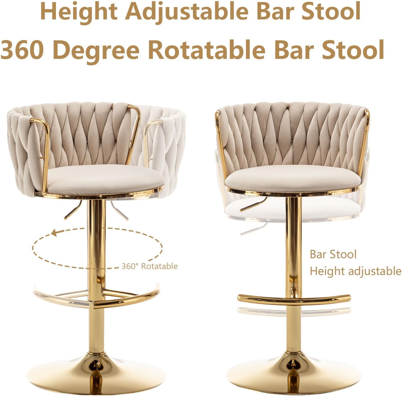 Riknuxi Velvet Bar Stools Set of 3, Counter Height Bar Chairs with Low Back, Gold Swivel Bar Stools for Kitchen Island, Pub (Beige)