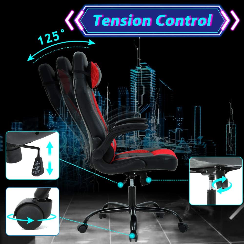 Gaming Chair Ergonomic Home Office Video Game Chairs Massage PU Leather Computer Chair Adjustable Swivel Chairs with Lumbar Support Headrest, Red