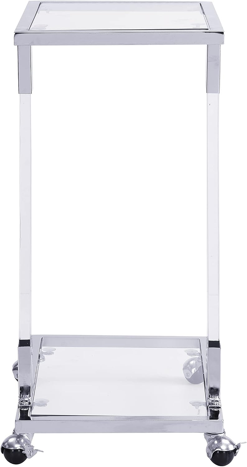 Acrylic Sofa Side Table C Shaped End Table with Wheels, Rolling Bedside Laptop Snack Table with Glass Top,Mobile Breakfast Tray Table with Clear Acrylic Frame