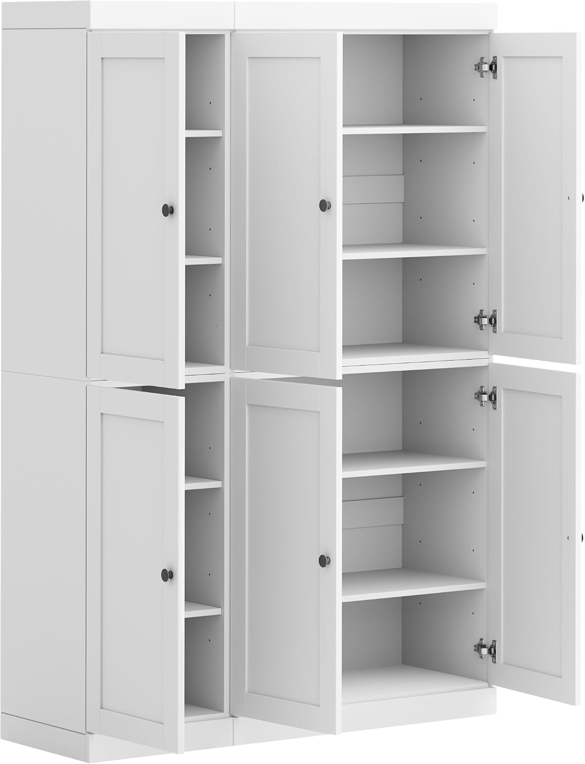 Palace Imports Solid Wood Tall Kitchen Pantry Cabinet - 71.5" H x 48.5" W – Wooden Storage Cabinet w/ 6 Shaker Doors & 8 Adjustable Shelves – White, 100% Renewable Eco-Friendly Wood, Made in Brazil