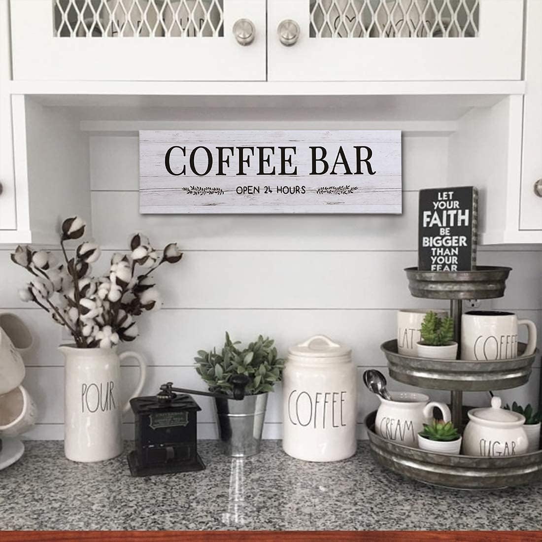 WOWGOOMO Classic Coffee Bar Signs Grey Canvas Wall Art - Rustic Cafe Bar Accessories Set for Home Bar, Kitchen, Pub, Store - 6"x17"