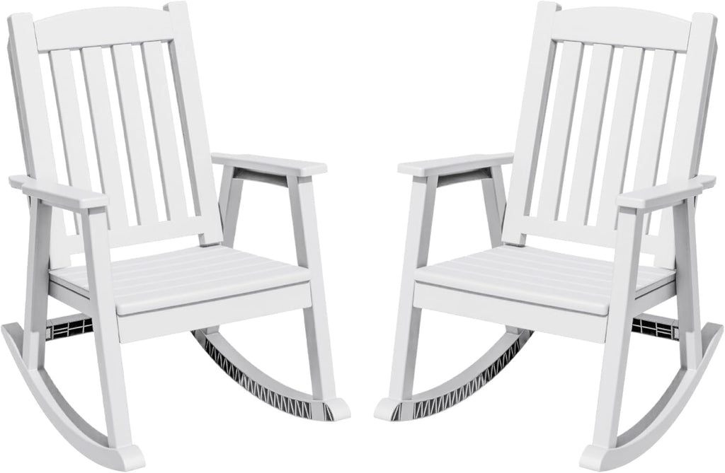 Greesum Outdoor Plastic Rocking Chair Set of 2, Patio Rocking Chair for Outside, Waterproof & Rust-Proof, Supports 300 lbs, Suitable for Garden Lawn Front Porch Poolside – White