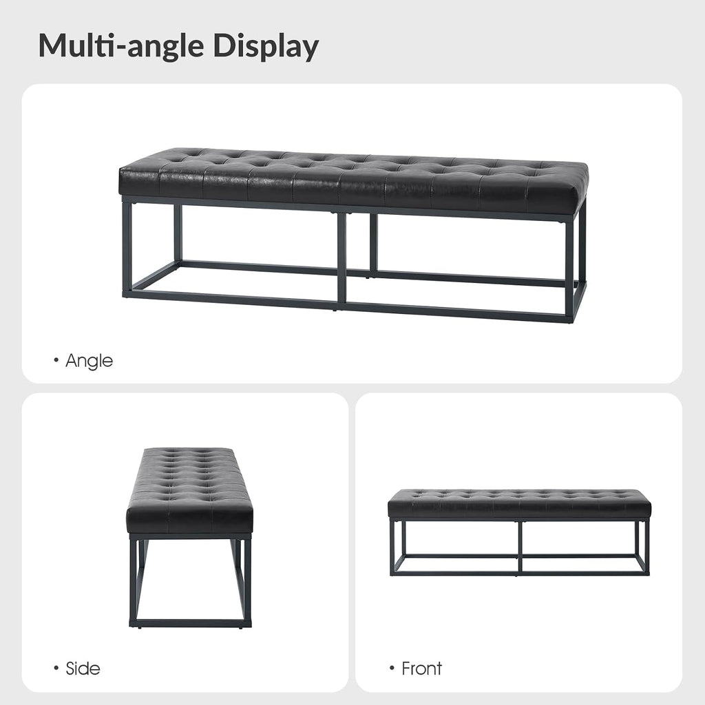 HULALA HOME 61" Faux Leather Bench with Metal Base, Upholstered Bedroom Bench for End of Bed, Button-Tufted Footstool for Entryway Living Room Dining Room, Black