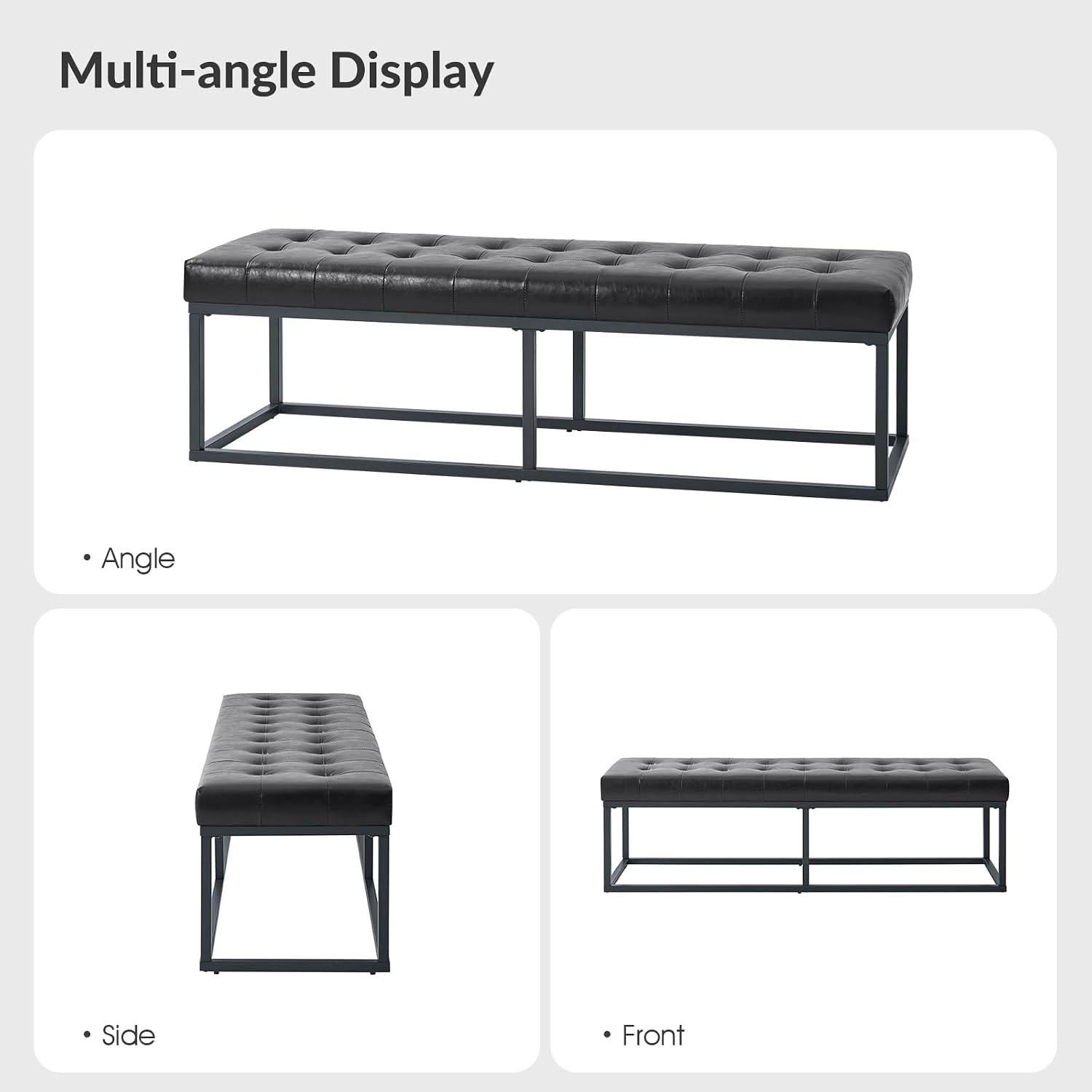 HULALA HOME 61" Faux Leather Bench with Metal Base, Upholstered Bedroom Bench for End of Bed, Button-Tufted Footstool for Entryway Living Room Dining Room, Black