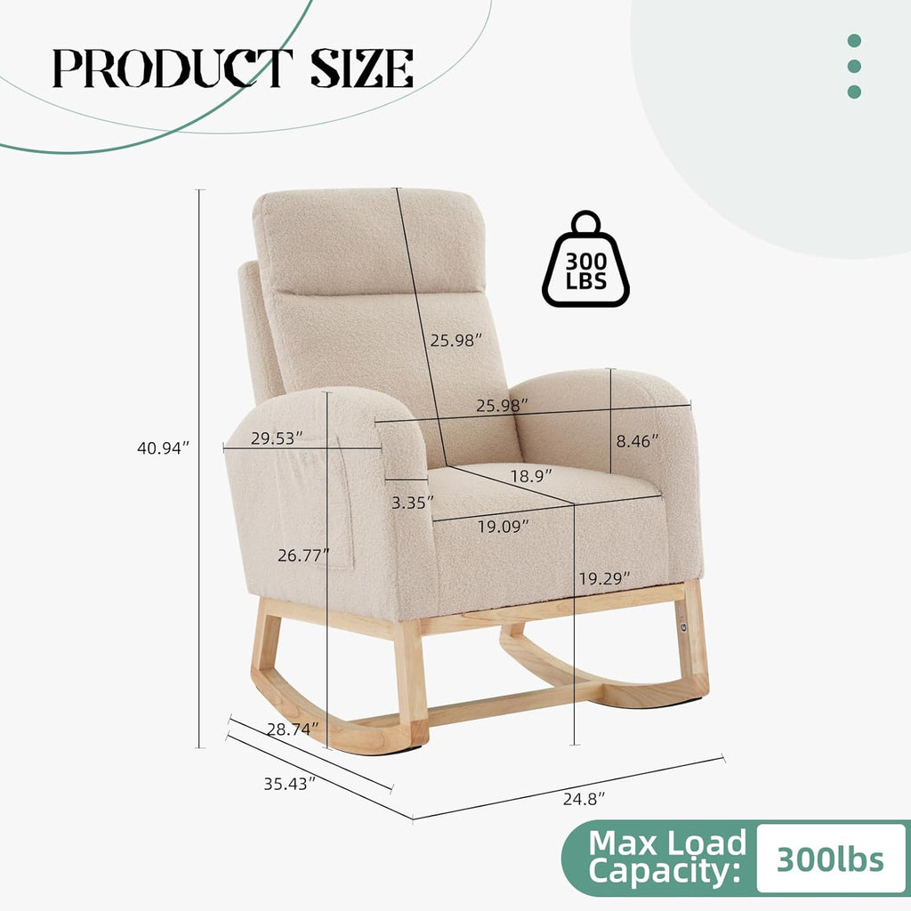 Rocking Chair Nursery,Glider Chair Nursery Chair with High Back and Side Pocket, Rocking Accent Armchair with Rubber Wood Legs for Living Room/Bedroom/Nursery