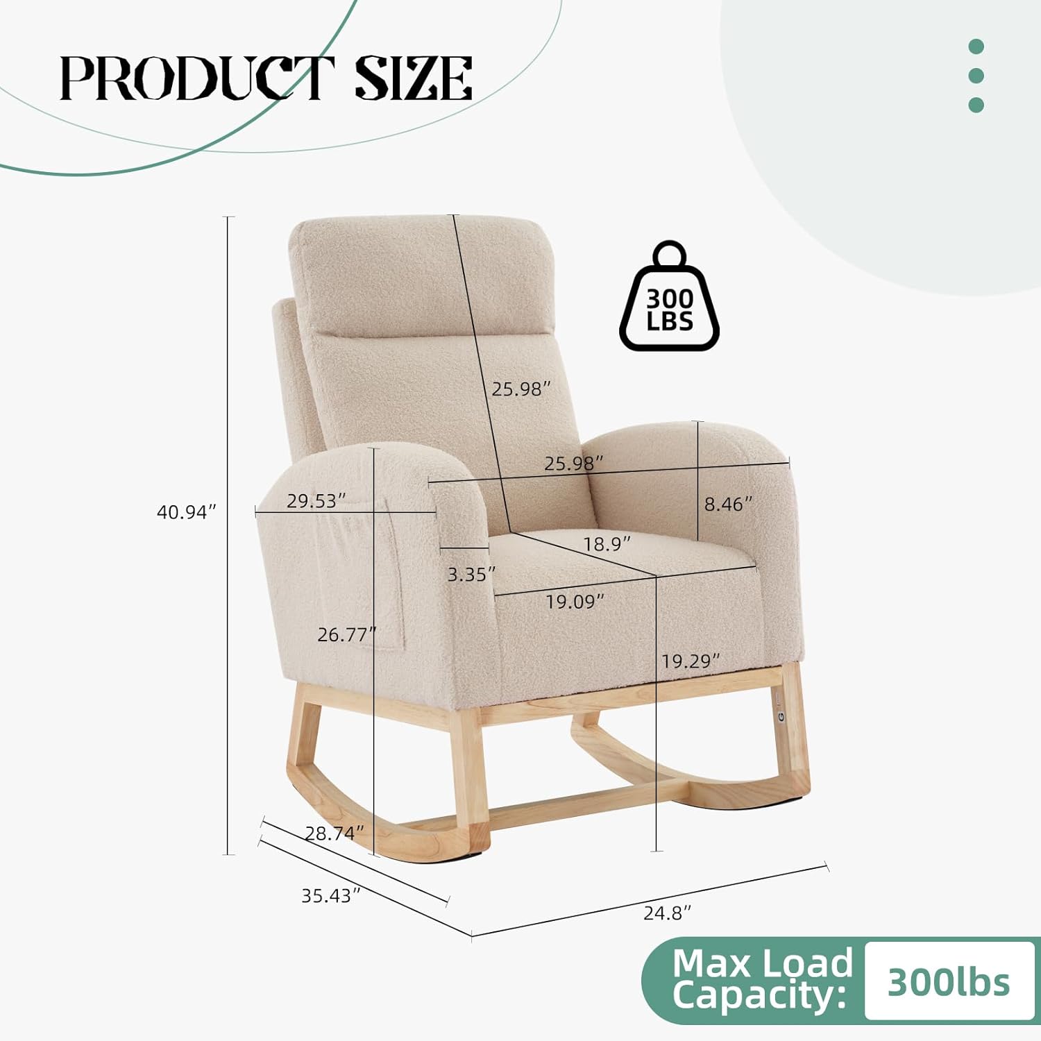 Rocking Chair Nursery,Glider Chair Nursery Chair with High Back and Side Pocket, Rocking Accent Armchair with Rubber Wood Legs for Living Room/Bedroom/Nursery