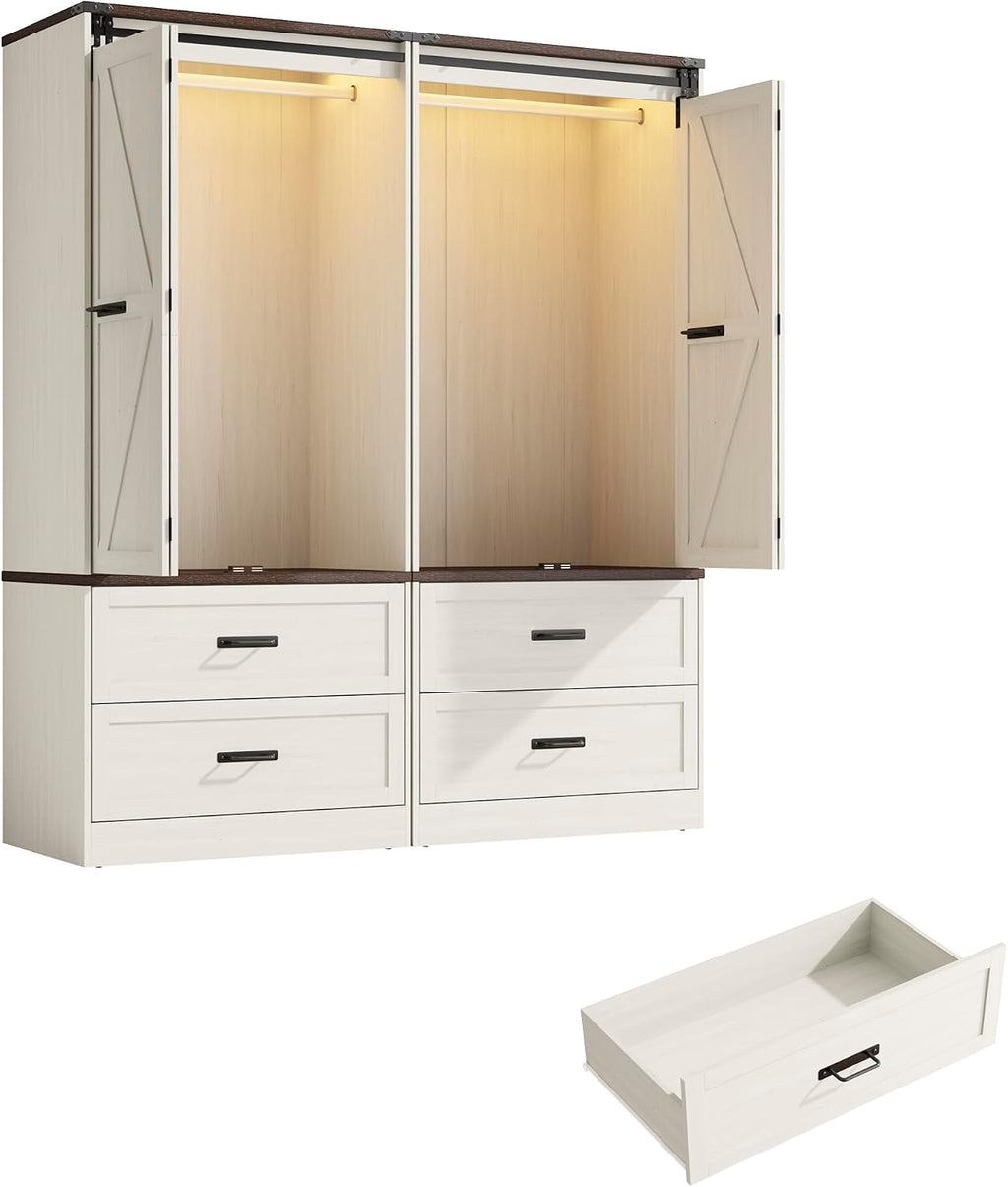 Farmhouse Wardrobe Armoire Closet with 4 Doors and 4 Drawers, 72" Wooden Clothing Storage Cabinet, Freestanding Large Capacity Storage Wardrobe Armoire with Hanging Rod for Bedroom,Antique White