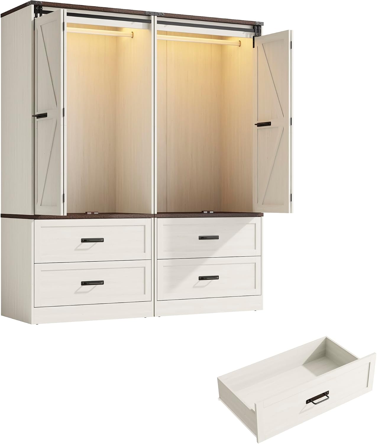 Farmhouse Wardrobe Armoire Closet with 4 Doors and 4 Drawers, 72" Wooden Clothing Storage Cabinet, Freestanding Large Capacity Storage Wardrobe Armoire with Hanging Rod for Bedroom,Antique White