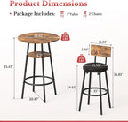 Kiivakii 3 Pieces Round Bar Table and Chairs Set, Breakfast Table, Kitchen Bar Table Set with 2 Ergonomic Cushion Bar Stools & Backrest, Hidden Storage Rack for Dining Room, Pub & Small Space, Brown