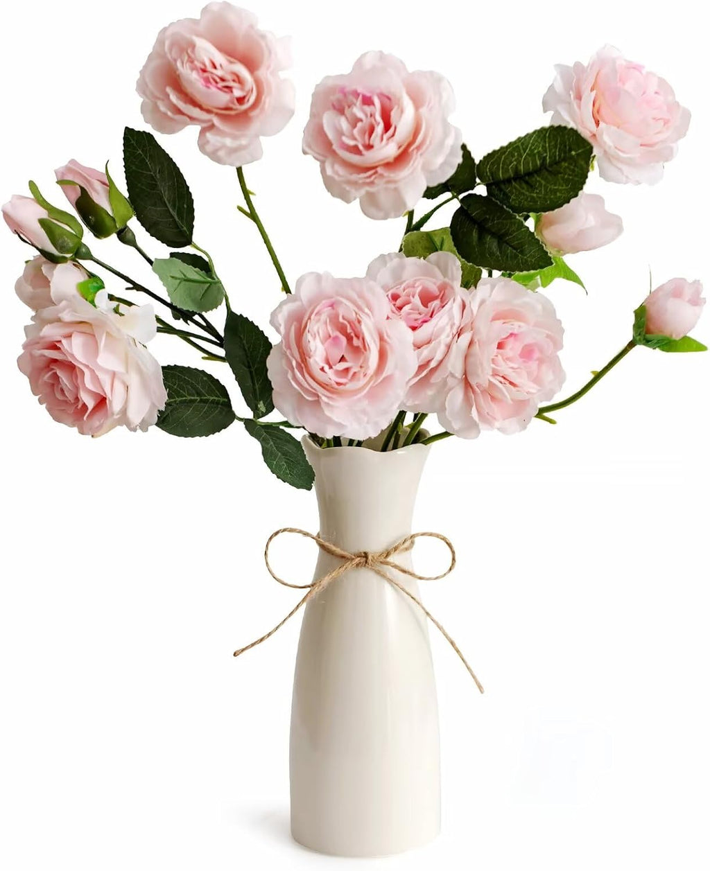 Small Vase White Ceramic Jute Rope Simple Vases for Home Decor Minimalist Modern Flower Vase Elegant Decorative Glossy Vase for Pampas Grass, Office, Living Room, Mantel and Bedroom Décor