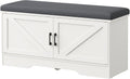 DUMOS 39 Inch Storage Bench, Shoe Organizer Cabinet with Thickened Padded Seat Cushion, Entryway Bench with 2 Doors & Adjustable Shelf for Hallway, Bedroom, Living Room, White