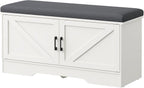 DUMOS 39 Inch Storage Bench, Shoe Organizer Cabinet with Thickened Padded Seat Cushion, Entryway Bench with 2 Doors & Adjustable Shelf for Hallway, Bedroom, Living Room, White