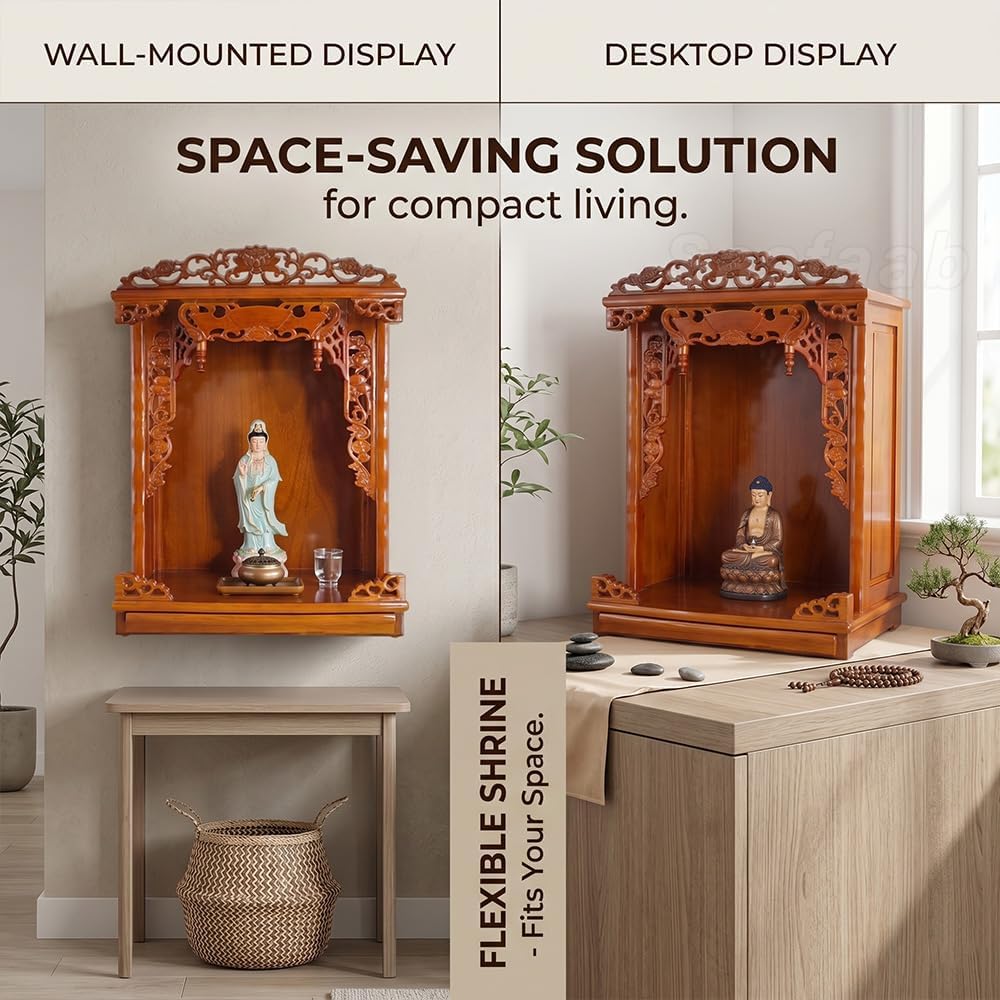 Solid Wood Buddhist Altar Cabinet & Pooja Mandir for Home, 2-in-1 Wall Mounted or Desktop Meditation Shrine Table with Pull-Out Storage Tray, Hand-Carved Buddha Temple (Rosewood, 16.5" H/42cm)