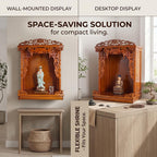 Solid Wood Buddhist Altar Cabinet & Pooja Mandir for Home, 2-in-1 Wall Mounted or Desktop Meditation Shrine Table with Pull-Out Storage Tray, Hand-Carved Buddha Temple (Rosewood, 16.5" H/42cm)