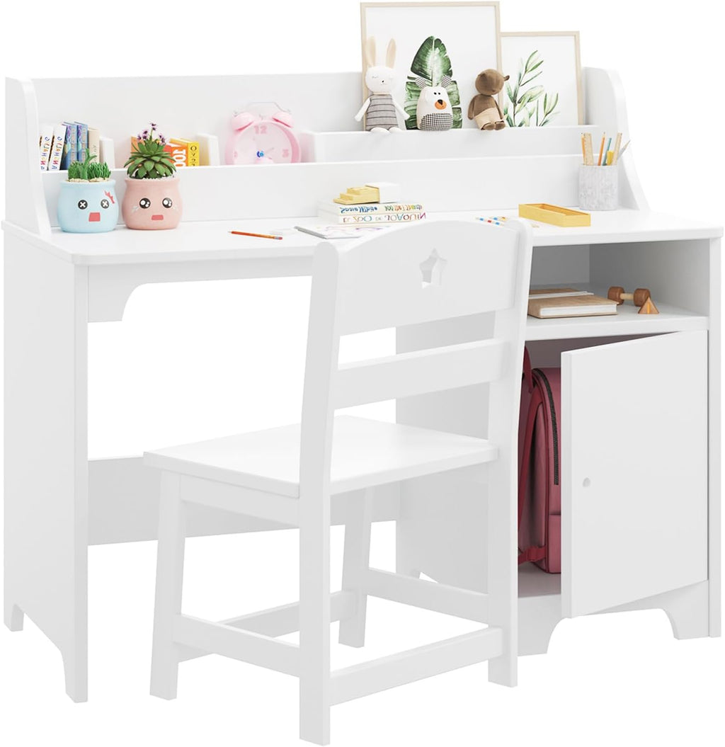 White Kids Desk with Chair, Study Desk for Boys Girls with Hutch, Storage Cabinet, Wooden Children Study Table, Student Writing Desk Computer Workstation for Kids Bedroom & Study Room,White