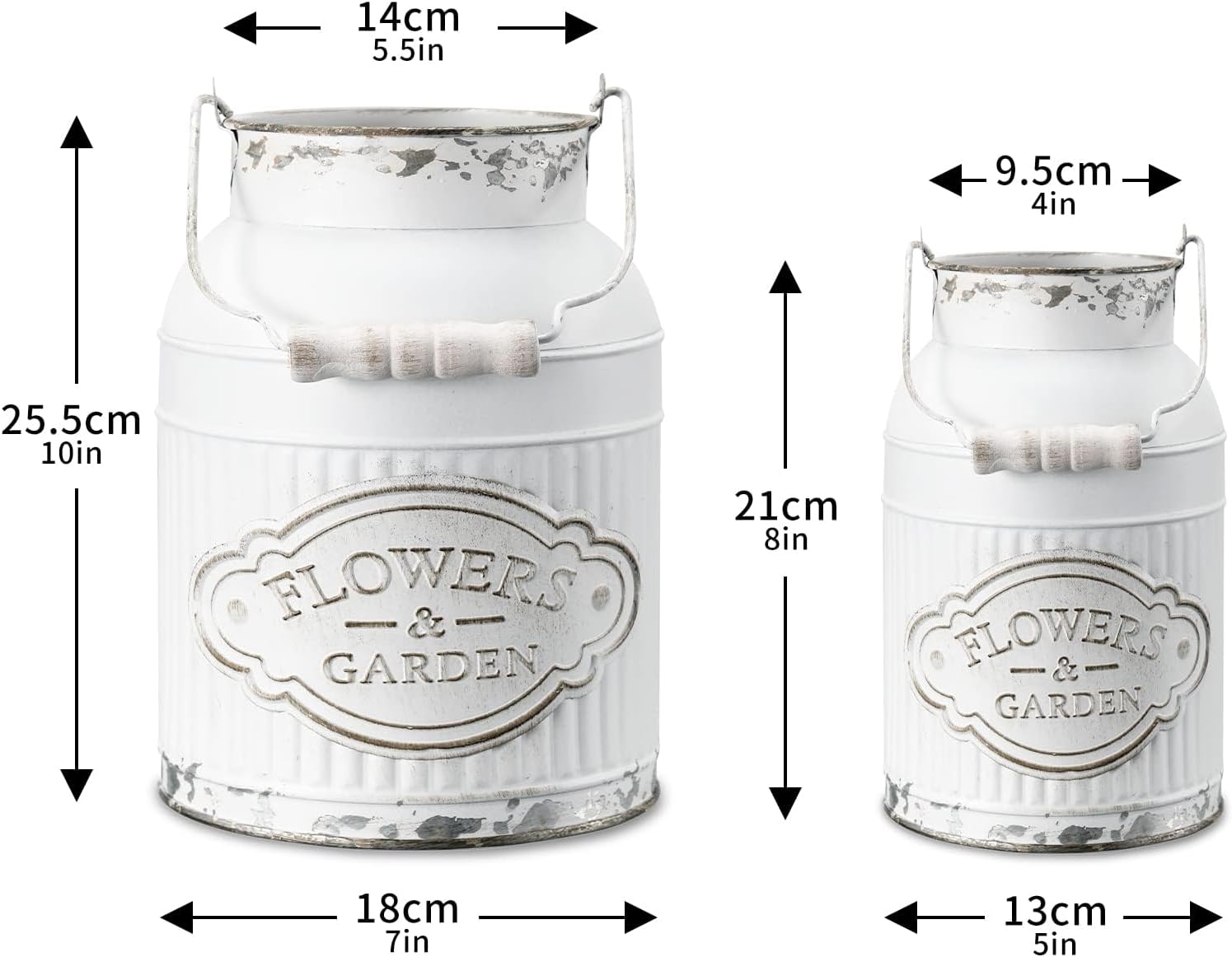 French Style Shabby Chic Decor White Farmhouse Metal Flower Vase Galvanized Decor for Kitchen, Bathroom, Sparklers for Weddings