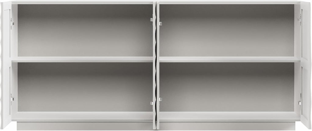 KEIKI 59" 4-Door Buffet Cabinet with Storage, Modern Accent Sideboard with Textured Ripple Front, Freestanding Buffet Table for Kitchen or Dining Room, for Dishes & Decor, White