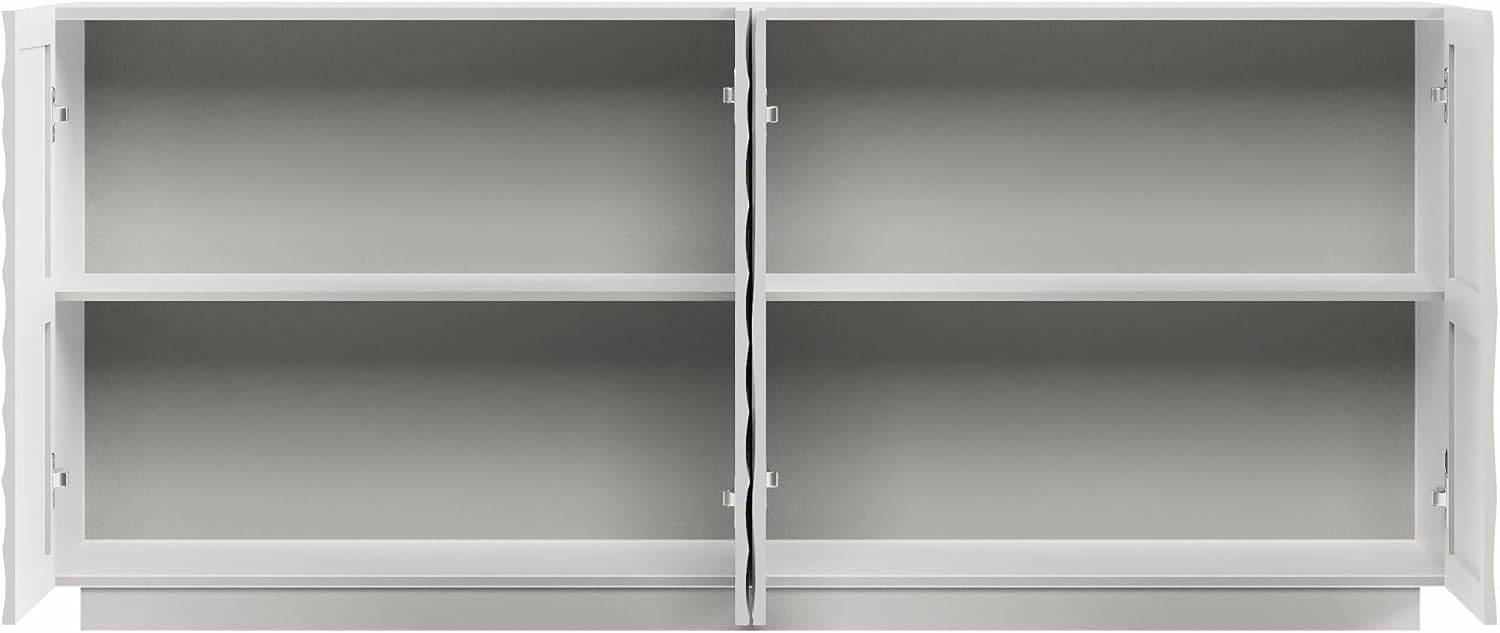 KEIKI 59" 4-Door Buffet Cabinet with Storage, Modern Accent Sideboard with Textured Ripple Front, Freestanding Buffet Table for Kitchen or Dining Room, for Dishes & Decor, White