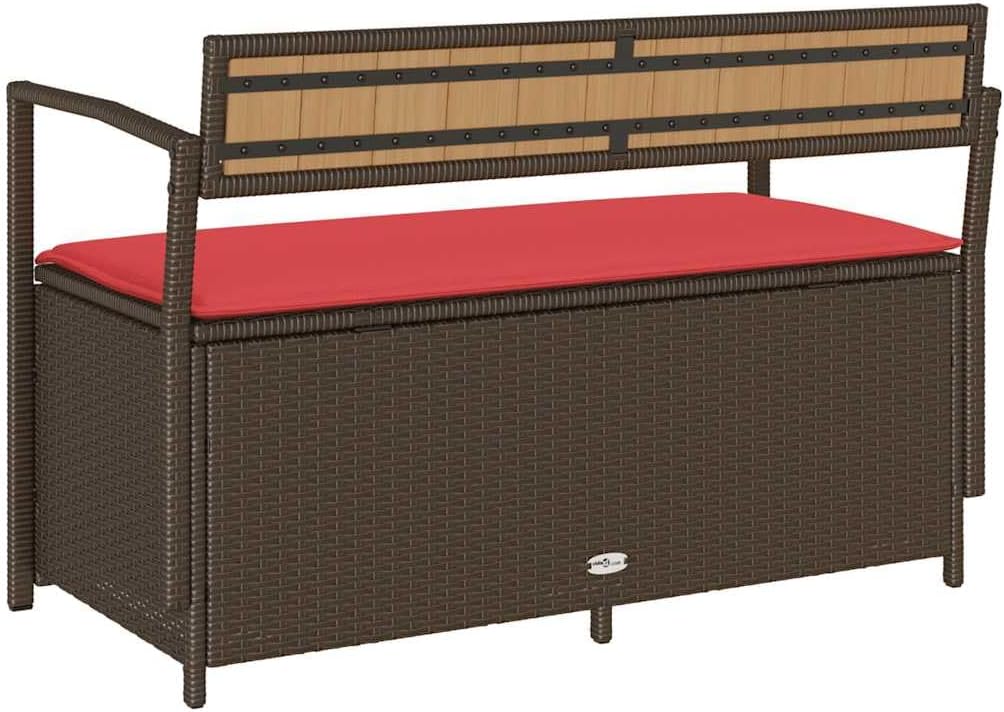 Brown Poly Rattan Patio Storage Bench with Cushion, Outdoor Seat for Cushions and Gardening Supplies