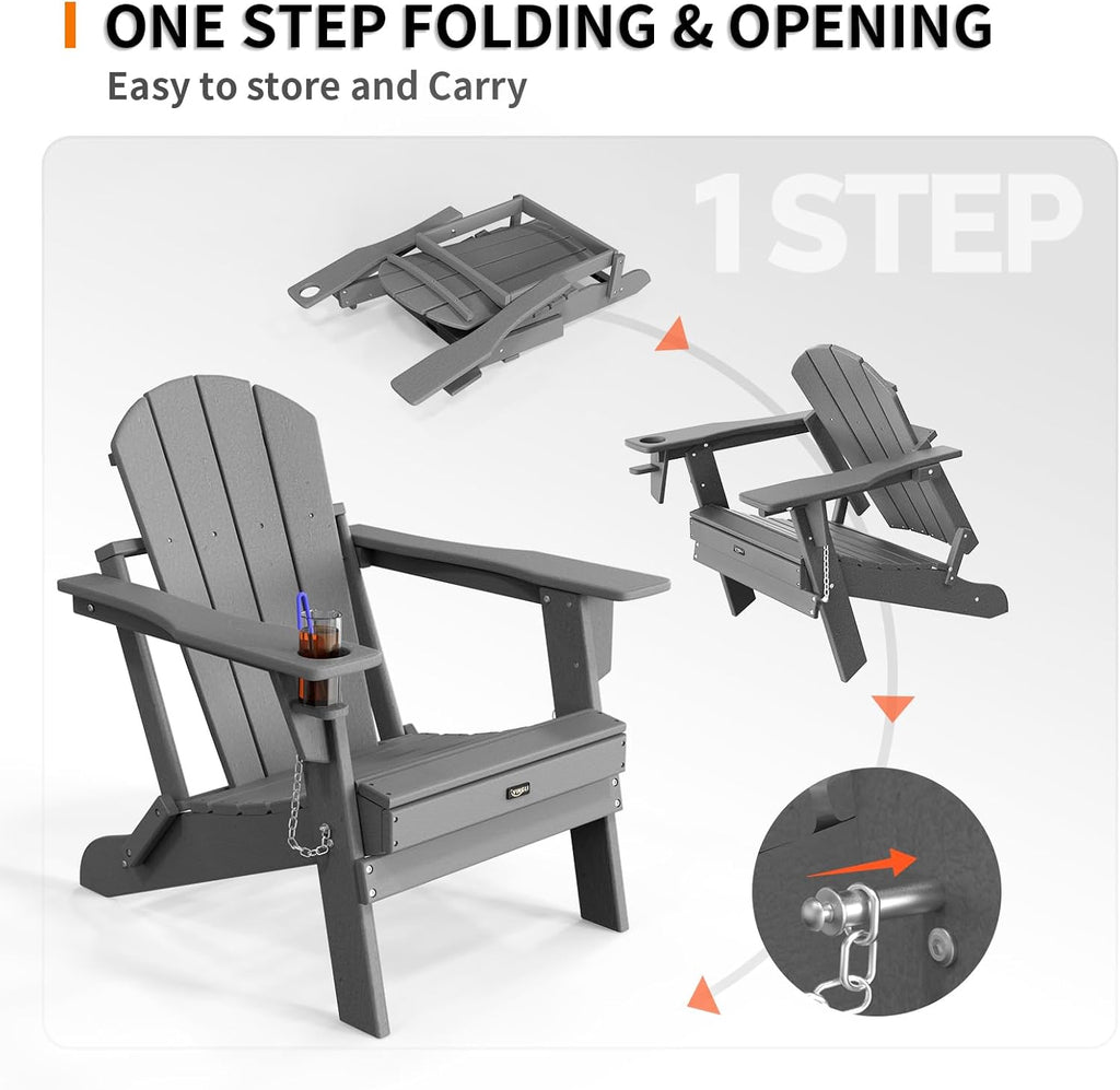 VINGLI Plastic Adirondack Chairs Set of 2, Folding with Cup Holder, Waterproof HDPE Material, Comfortable 380lb Weight Capacity for Outdoor Pool Patio Lounge Chair Lawn Furniture Firepit (Gray)