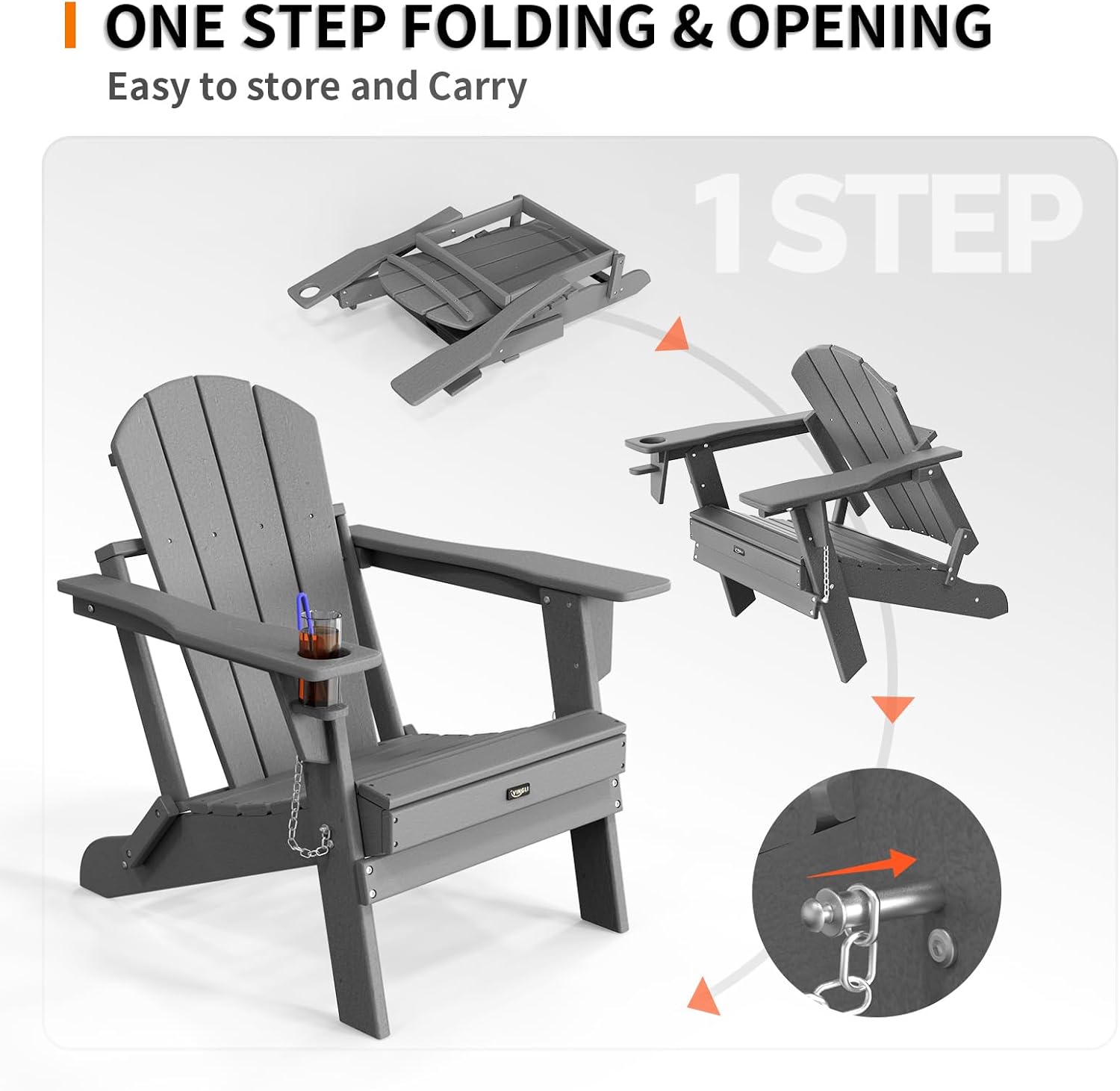 VINGLI Plastic Adirondack Chairs Set of 2, Folding with Cup Holder, Waterproof HDPE Material, Comfortable 380lb Weight Capacity for Outdoor Pool Patio Lounge Chair Lawn Furniture Firepit (Gray)