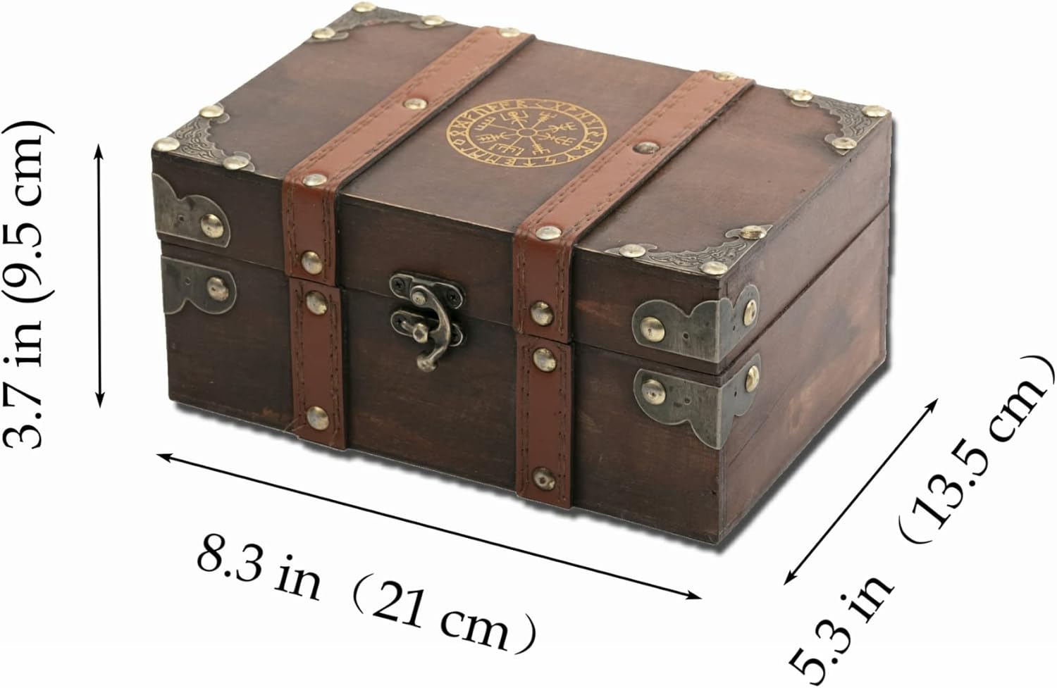 Gbrand 8.3" Wood and Leather The Runic Viking Compass Chest Box,Vegvisir Engraved Wooden Treasure Box with Velvet Lining,Vintage Tarot Box