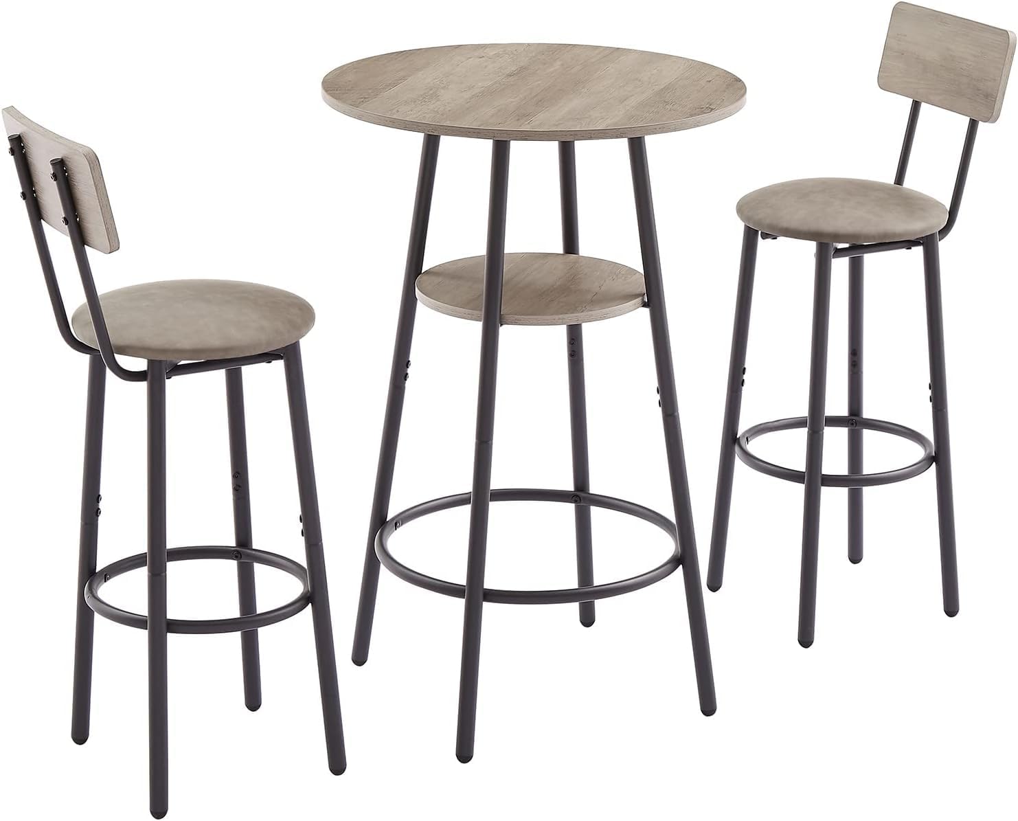 3-Piece Dining Table Set for 2, Small Round Kitchen Table with 2 Chairs, Counter Height Bar Table with Storage, Pub Table and PU Upholstery Stools for Small Space, Apartment, Bistro-Grey