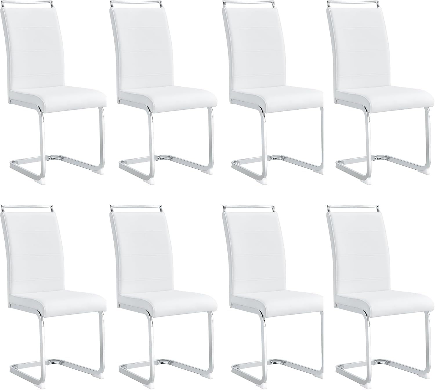 Dining Chairs Set 8, Armless White Kitchen Chairs,Waterproof Faux Leather Dinner Chairs with Upholstered Seat,Armless Side Chairs with Silver Metal Frame for Kitchen Dining Room