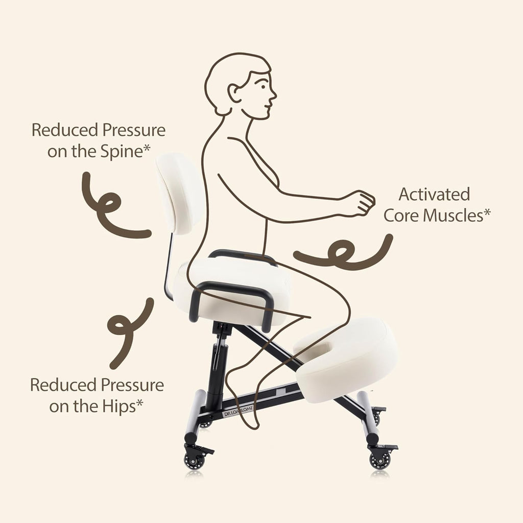 Ergonomic Kneeling Chair with Backrest, Improve Posture, Thick Cushions, Locking Wheels for Home & Office, AKONI 512B (Vanilla)