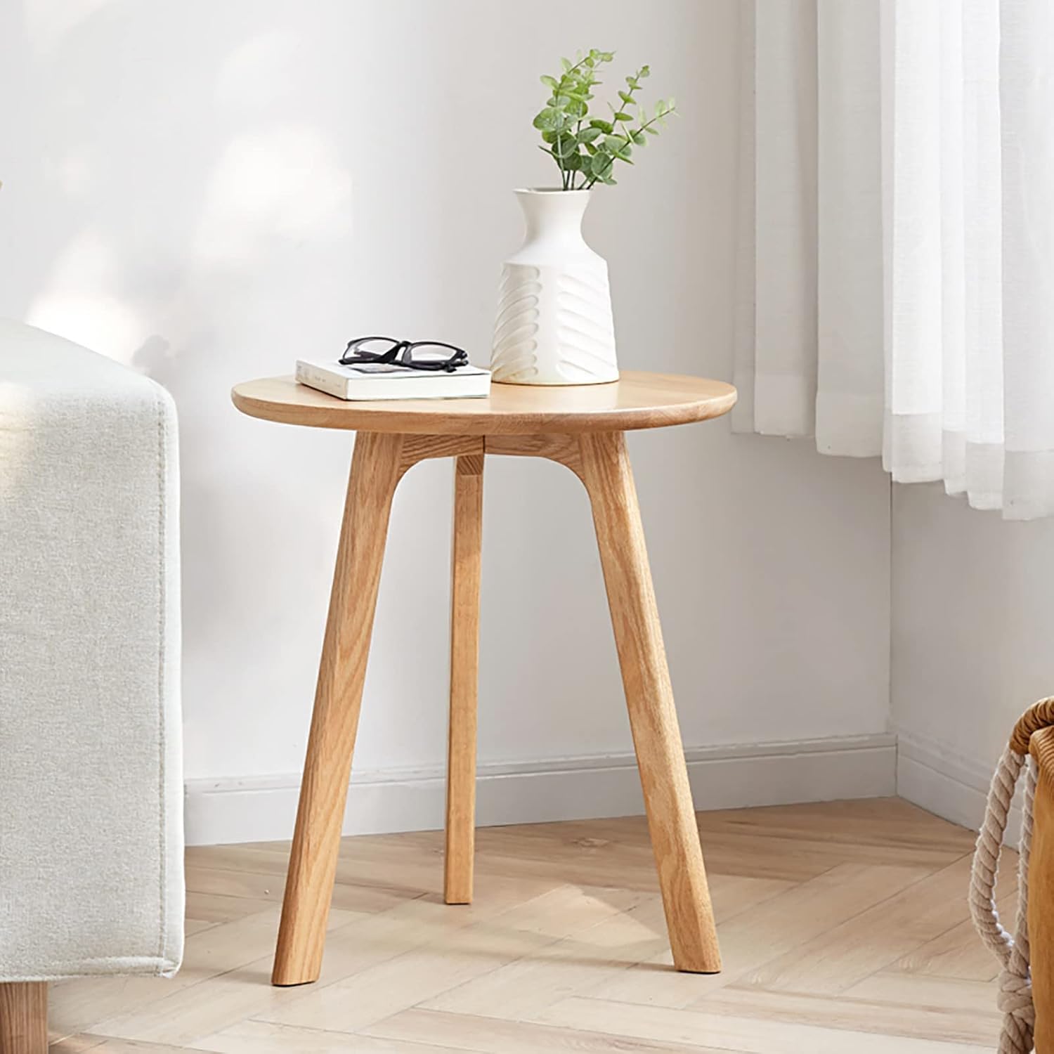 Round End Table for Living Room Coffee Side Table, Durable All Natural Solid Oak Wood Side Table for Living Room, Bedroom, Balcony, Easy to Maintain (Natural)