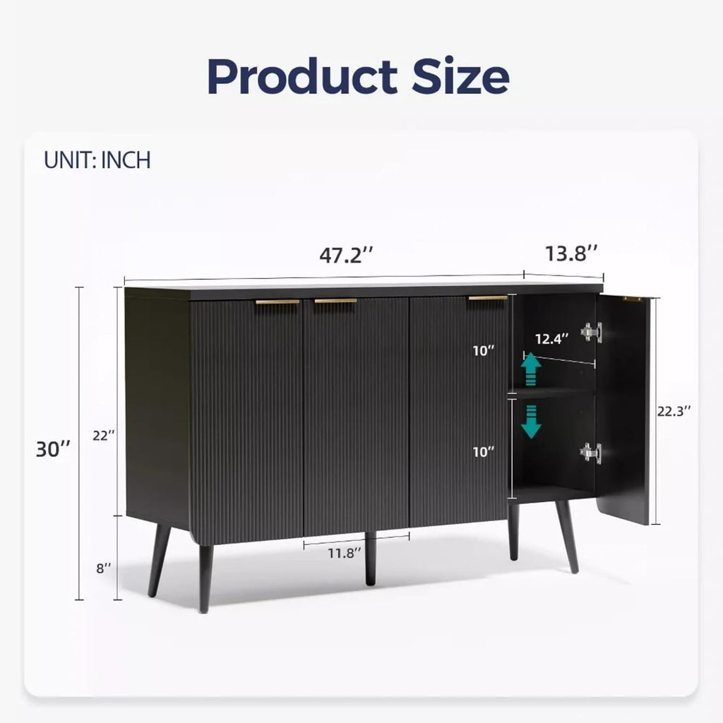 47.2" Modern Fluted Sideboard Cabinet with 4 Doors, Wood Storage Credenza with Shelves, Multi-Purpose Buffet Cabinet for Entryway, Dining & Living Room, Black