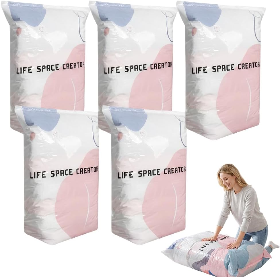 No-Pump Vacuum Storage Bags, Cube Compression Space Saver Bags, Upgrade Large Storage Compression Bags Press & Seal, For Clothes,Bedding Comforters, Blankets (5PCS, Large)