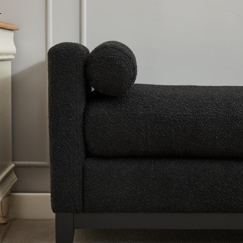 66.34" W Elegant Upholstered Bench,Daybed, Ottoman with Wood Legs & 2 Bolster Pillows for End of Bed, Bedroom, Living Room, Entryway,Black Boucle