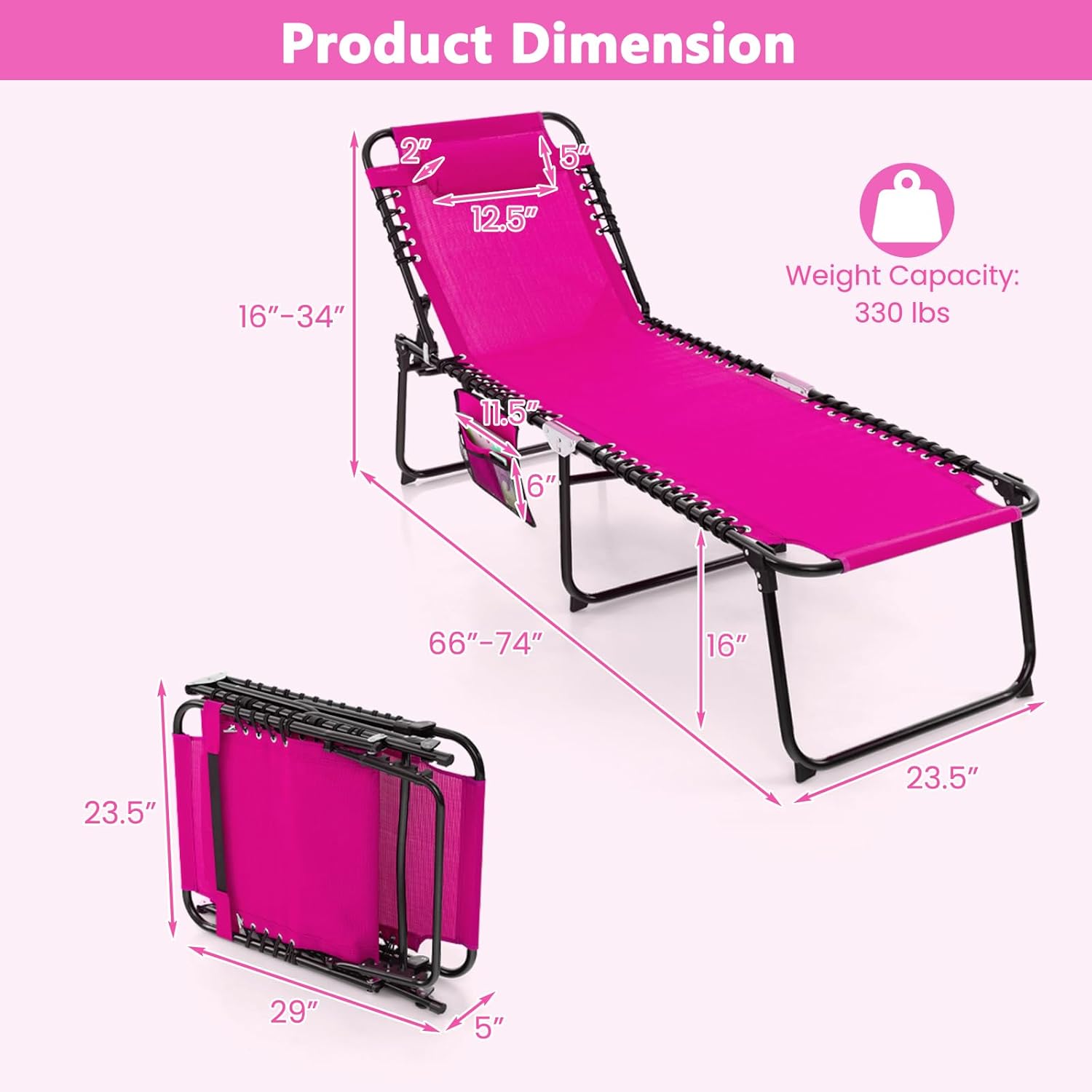 Giantex Patio Lounge Chairs for Outside - Folding Tanning Chair w/Headrest, 4 Adjustable Positions, Side Pocket, Outdoor Chaise Lounge for Camping, Pool, Sunbathing Beach Chair, Pink