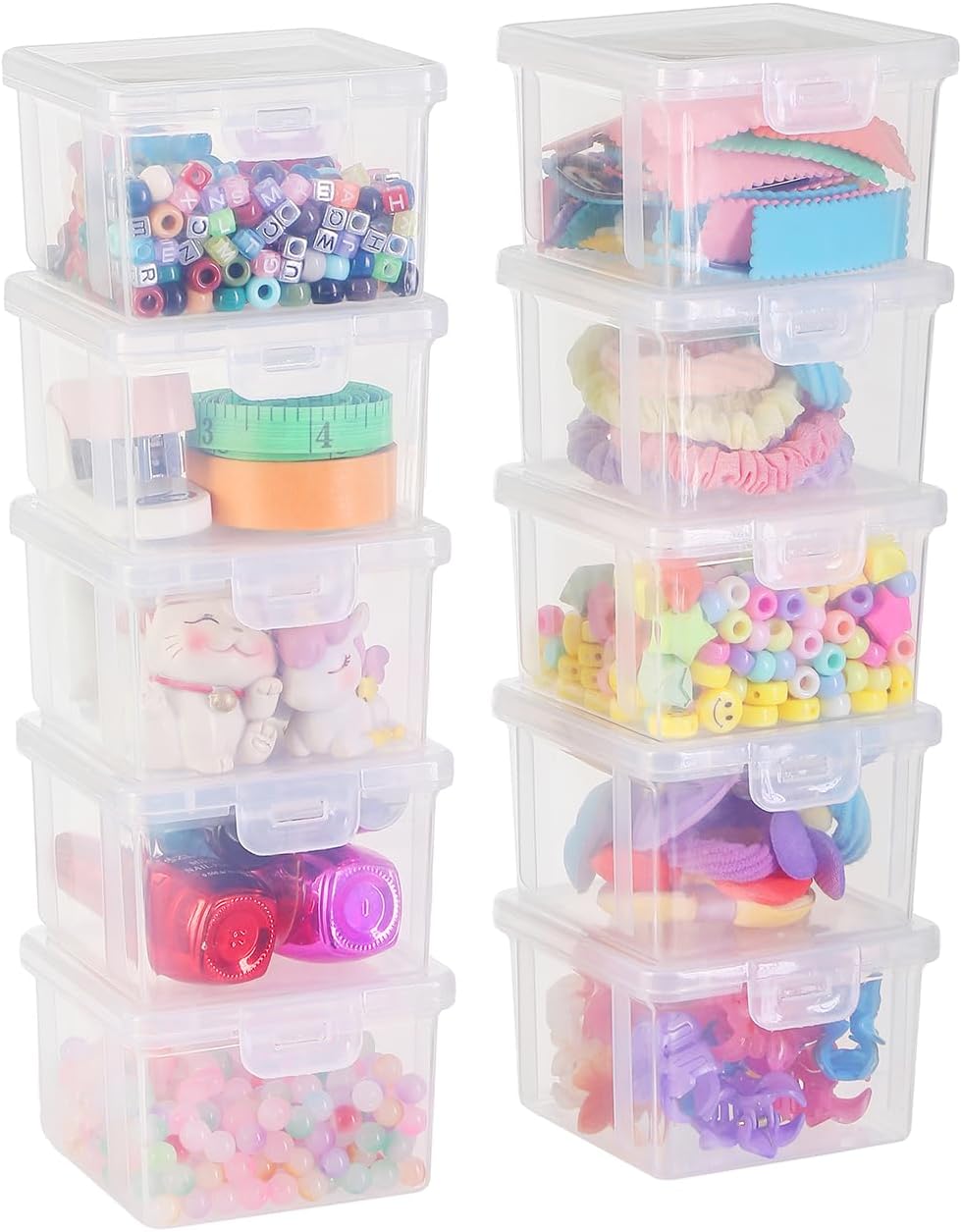10 Pack Bead Organizer Box, Small Clear Plastic Containers with Lids – Craft Storage for Beads, Crayons, Stickers & Findings – Stackable Classroom Bins with Snap Lid – Clear Square Small