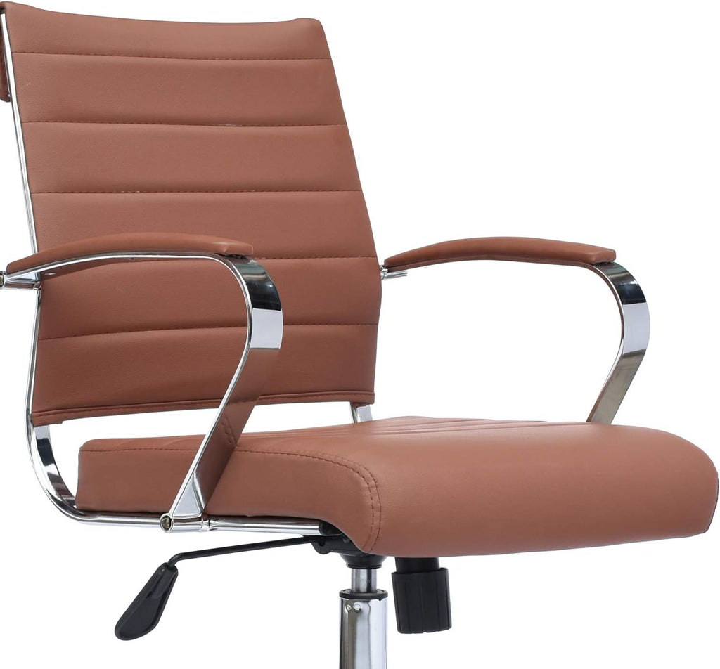 2xhome Modern Drafting Chair | Upholstered PU Leather Ribbed Mid Back with Tall Adjustable Base & Leg Rest | Padded Cushion Seat, Tilt Lock, Swivel | Computer Armchair (1, Brown, Drafting)
