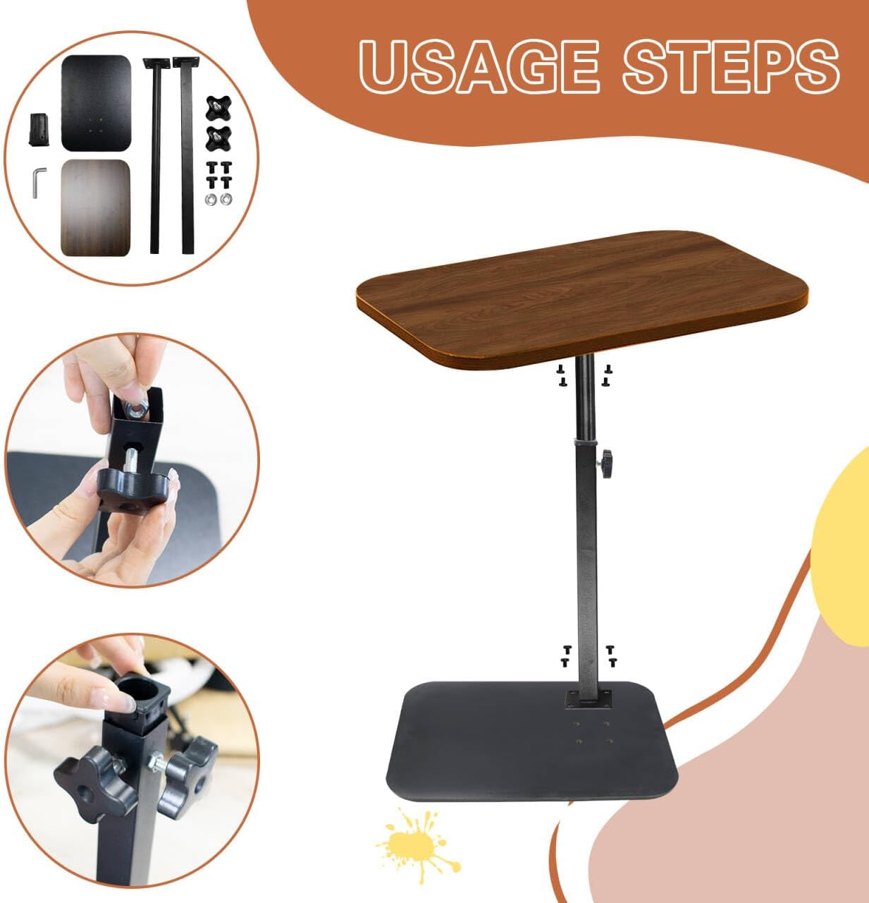 C Shaped End Table Adjustable Height, 360° Swivel C Side Tray, Small Bedside Table, for Couch, Living Room, Bedroom, Corners and Office (Walnut)