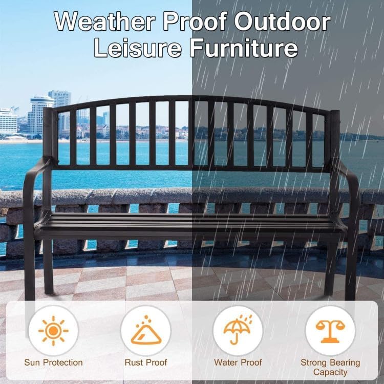 Black 50in Outdoor Steel Benches Powder-Coated 2-Person 500lbs Capacity Garden Deck Backyard