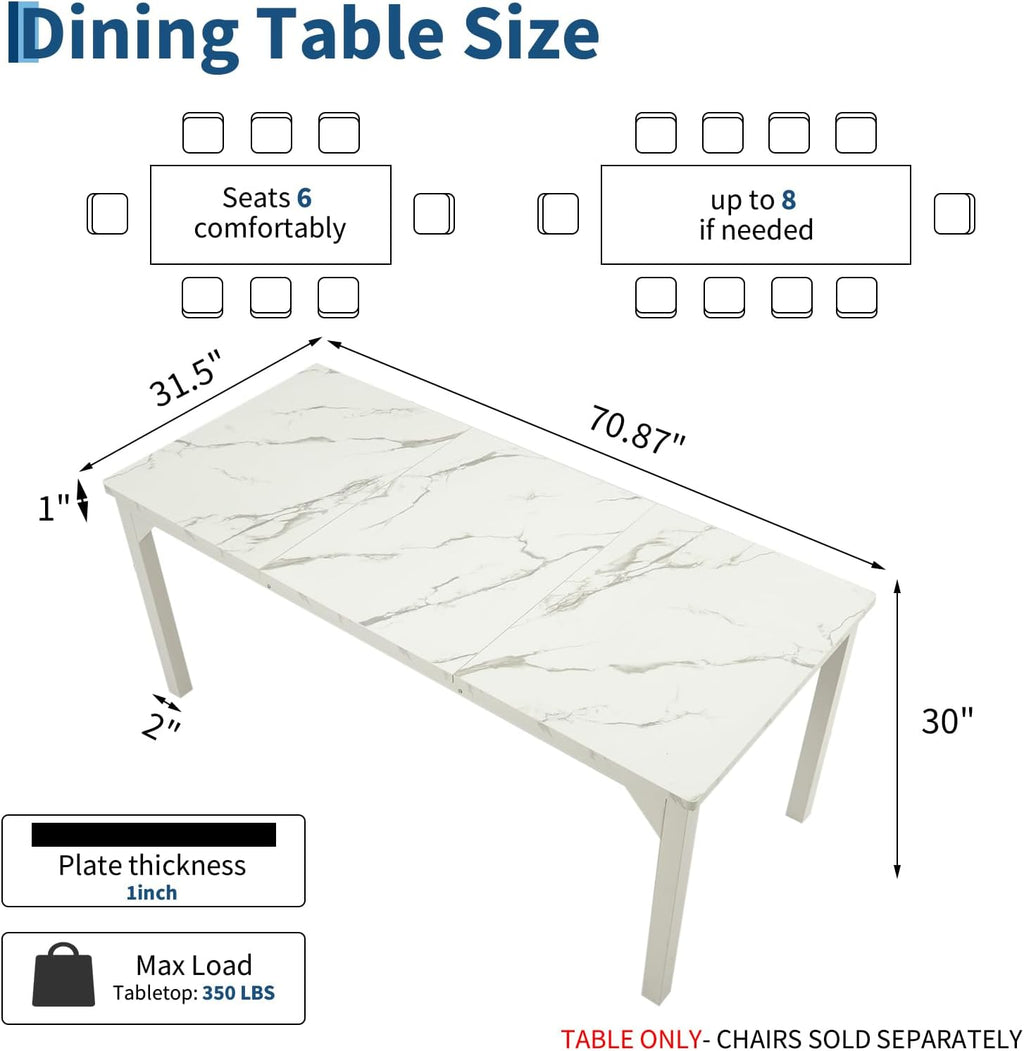 Garvee Industrial Dining Table for 6-8 People, 71" Long Large Kitchen Table with Sturdy Metal Frame, Rectangular Counter for Dinner, Kitchen, Dining Room (White, 71" Long)
